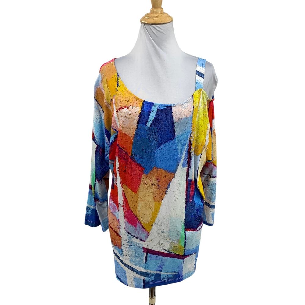 Dolcezza Simply Art Top Women L Large Asymmetrical Cold Shoulder Paint Abstract